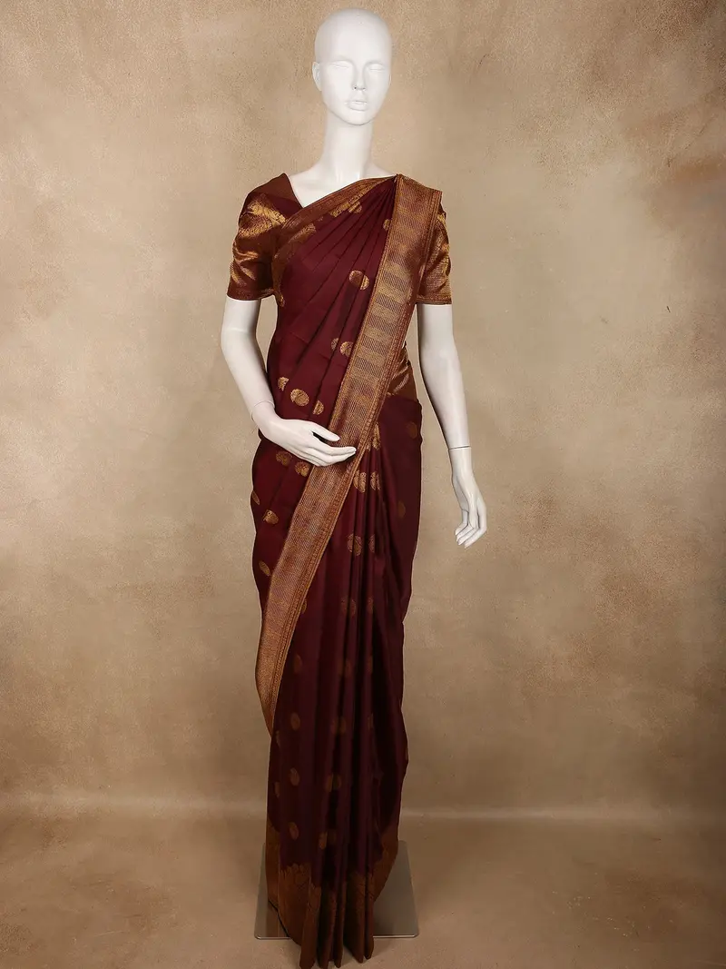 Rich Wine Maroon Peacock Butta Woven Design Pure Kanchipuram Silk Saree With Zari Border 1