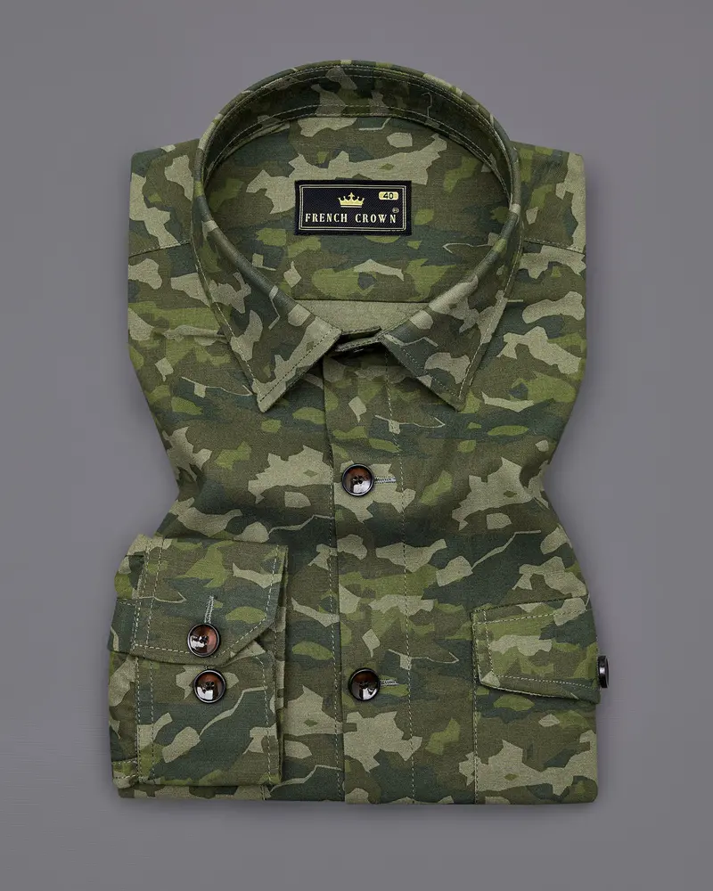 Rifle Green With Stonewall Brown Camouflage Printed Royal Oxford Designer Shirt 5