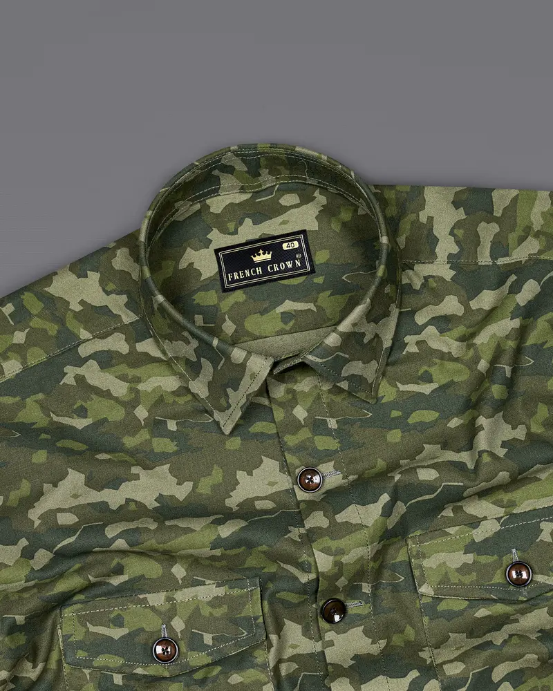 Rifle Green With Stonewall Brown Camouflage Printed Royal Oxford Designer Shirt 6