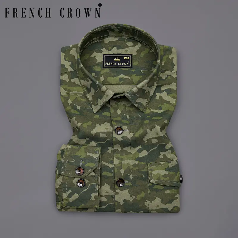Rifle Green With Stonewall Brown Camouflage Printed Royal Oxford Designer Shirt 9