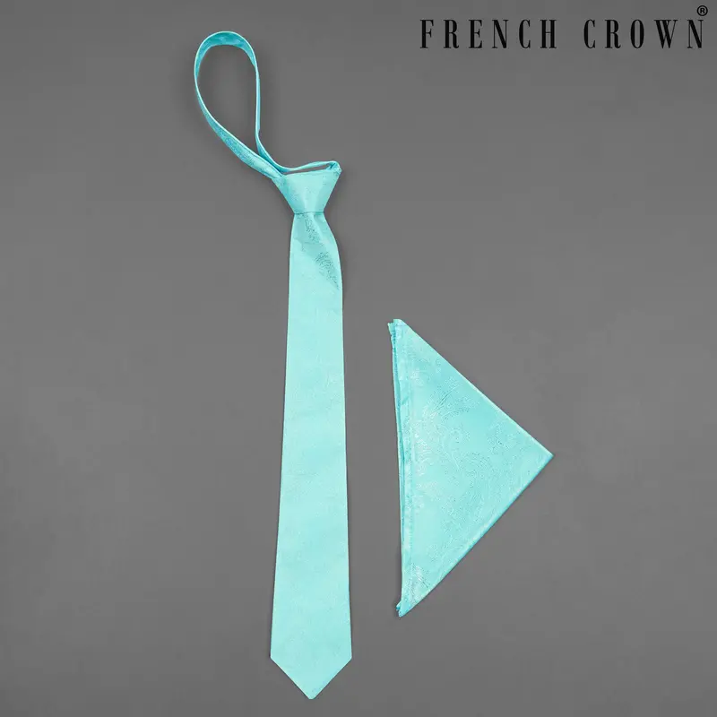 Riptide Aqua Blue Paisley Jacquard Tie With Pocket Square 1