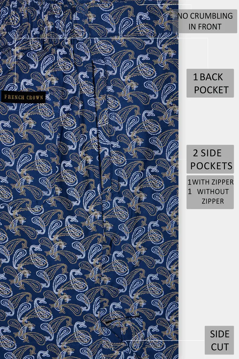 Rivara-Downriver Blue Paisley Art Printed Twill Super Soft Premium Cotton Shorts 5