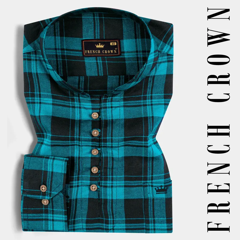 Robin Egg Blue With Jade Black Twill Checkered Premium Cotton Kurta Shirt 1