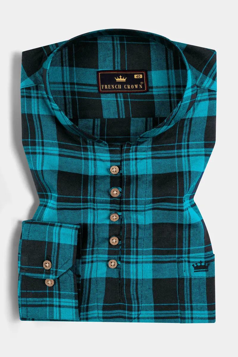 Robin Egg Blue With Jade Black Twill Checkered Premium Cotton Kurta Shirt 2