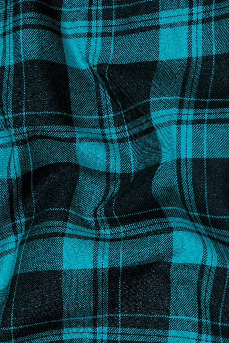 Robin Egg Blue With Jade Black Twill Checkered Premium Cotton Kurta Shirt 3