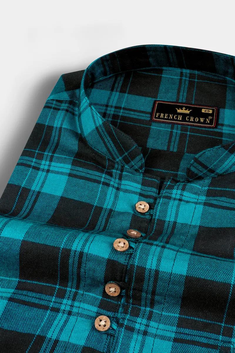 Robin Egg Blue With Jade Black Twill Checkered Premium Cotton Kurta Shirt 4