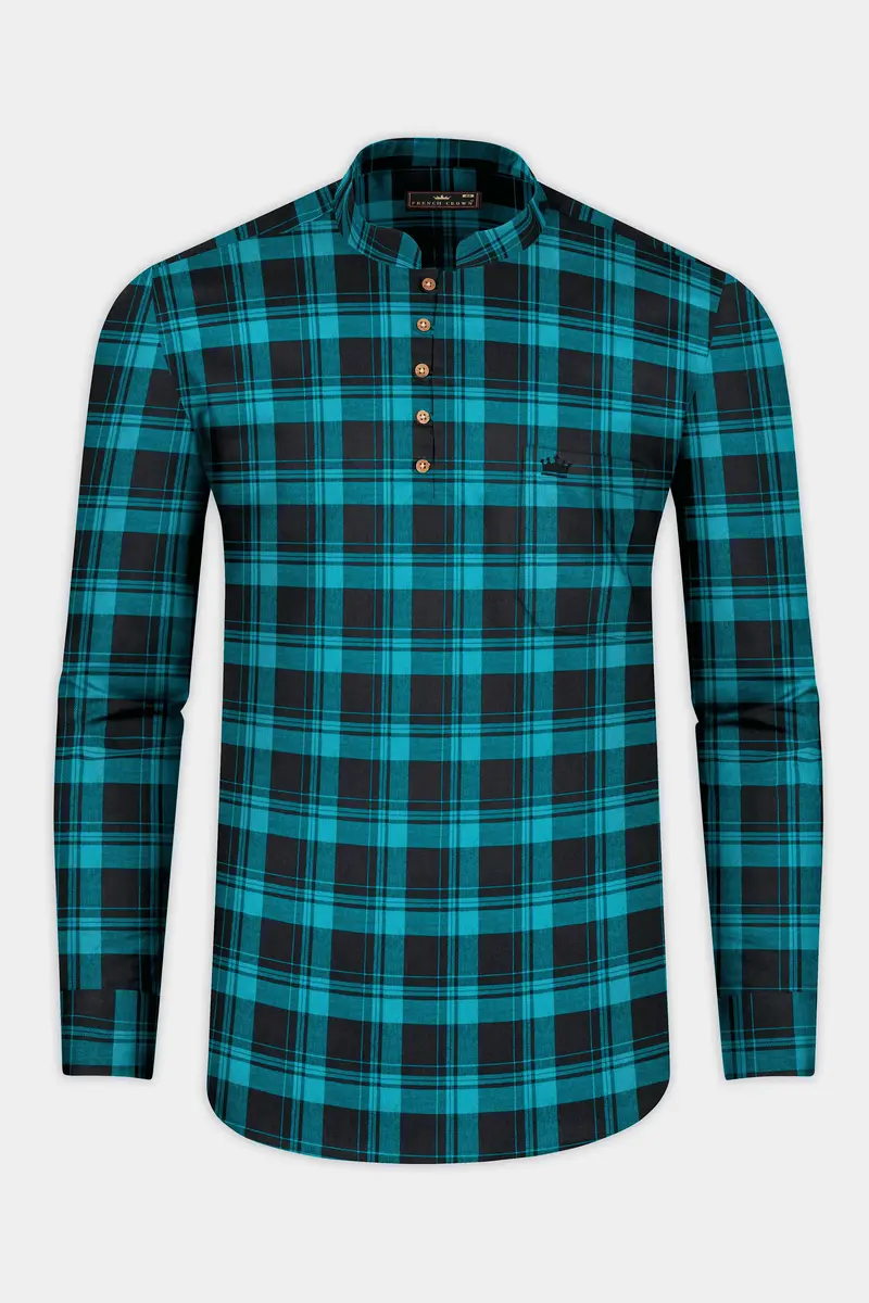 Robin Egg Blue With Jade Black Twill Checkered Premium Cotton Kurta Shirt 5