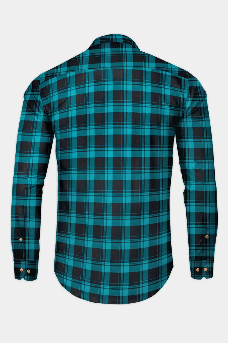 Robin Egg Blue With Jade Black Twill Checkered Premium Cotton Kurta Shirt 6
