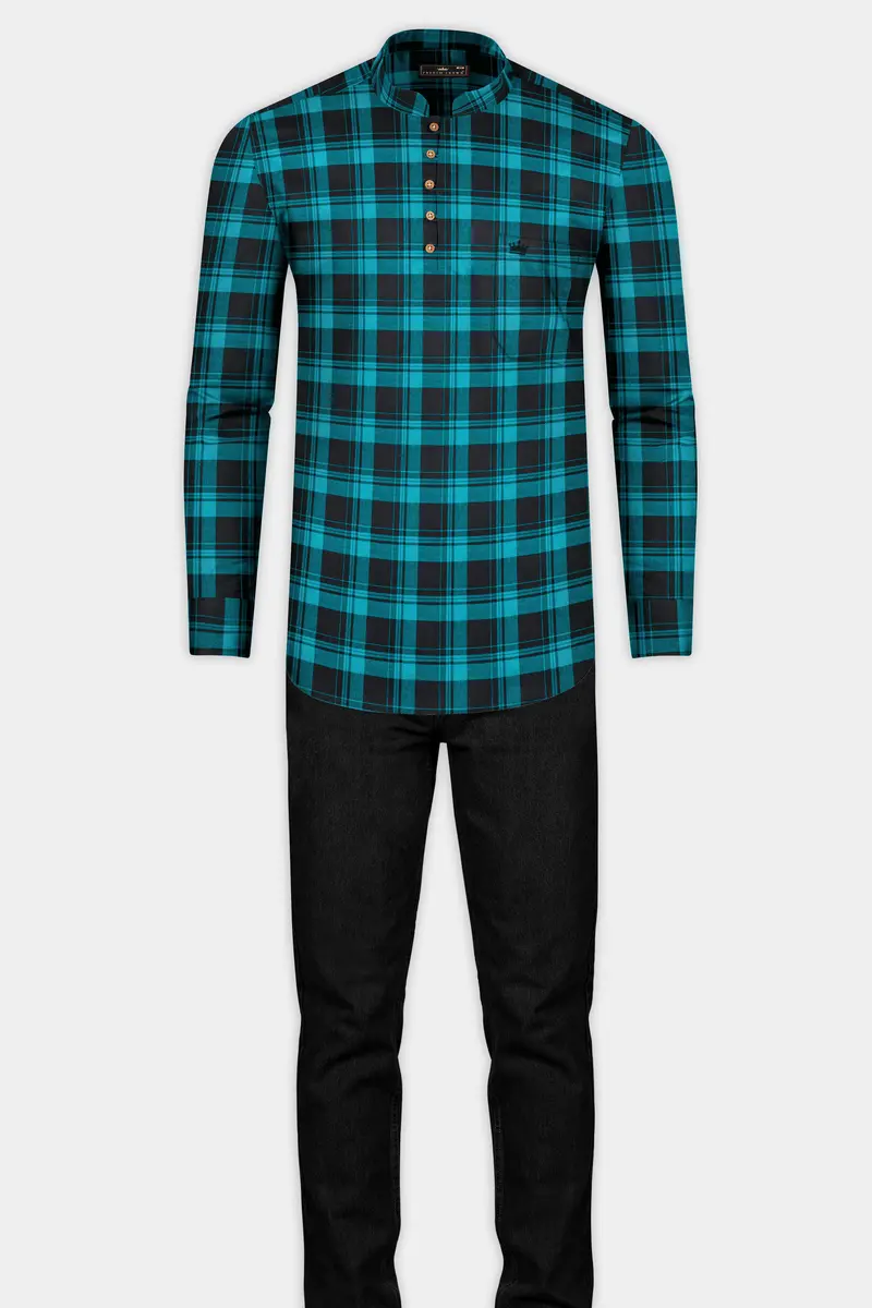 Robin Egg Blue With Jade Black Twill Checkered Premium Cotton Kurta Shirt 7