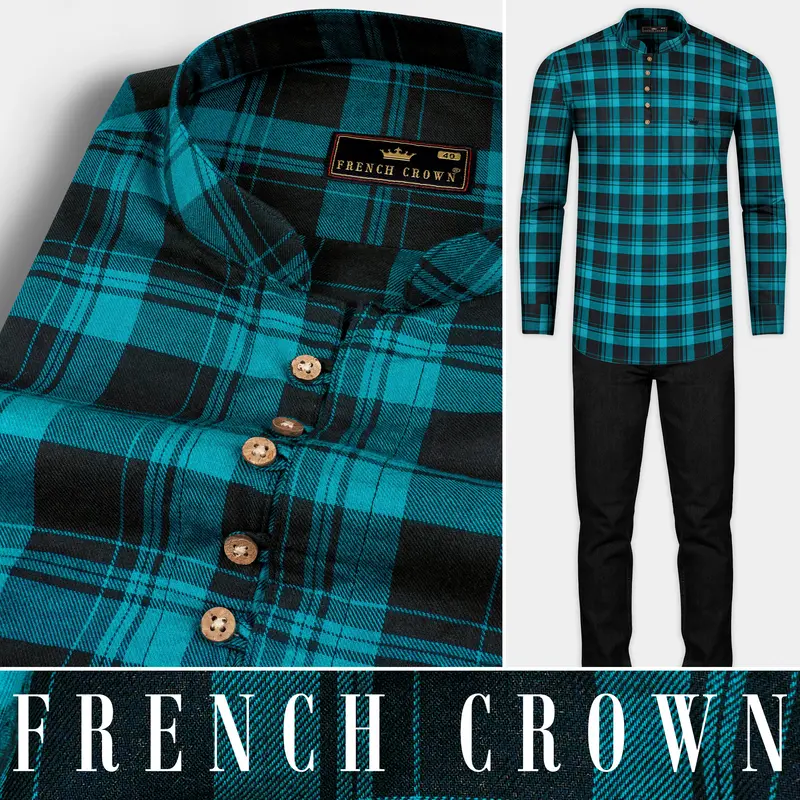 Robin Egg Blue With Jade Black Twill Checkered Premium Cotton Kurta Shirt 8