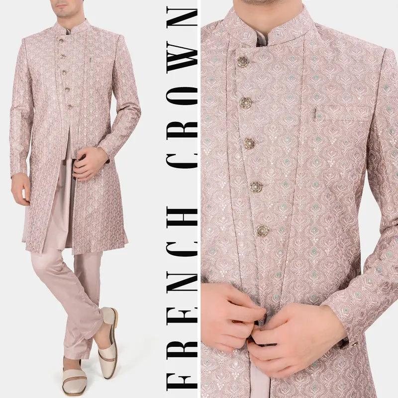 Rodeo Dust Peach Tone On Tone Sequins And Embroidered Work Sherwani With Kurta And Pant Set 1