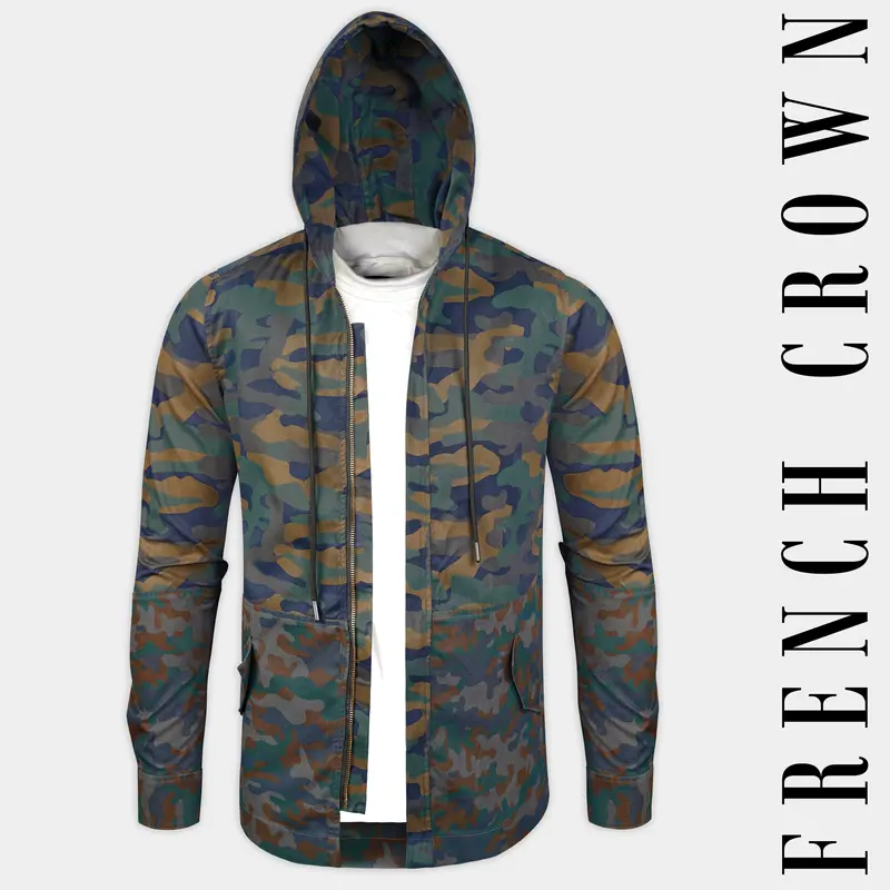 Roman Brown And River Blue Camouflage Military Printed Heavyweight Designer Hoodie With Zipper Closure 1