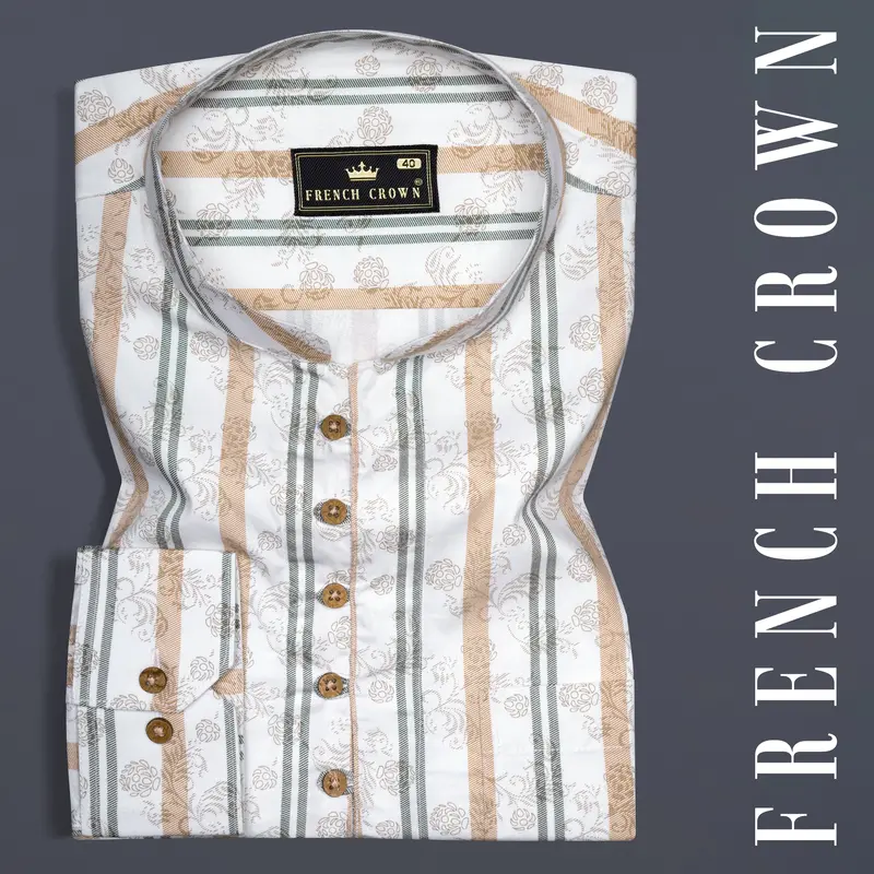 Romance White With Tan Orange And Corduroy Green Striped Super Soft Premium Cotton Kurta Shirt 1