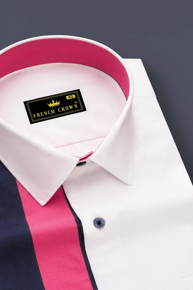 Rosavio-Bright White And Cerise Pink Striped Super Soft Premium Cotton Casual Shirt 4
