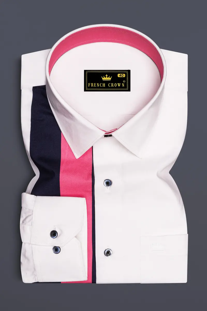 Rosavio-Bright White And Cerise Pink Striped Super Soft Premium Cotton Casual Shirt 5