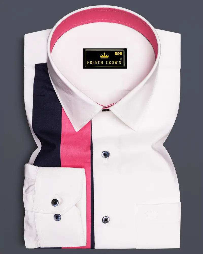 Rosavio-Bright White And Cerise Pink Striped Super Soft Premium Cotton Casual Shirt 8