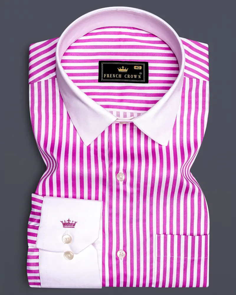 Rosavon-Purplish Pink And Bright White Candy Striped Subtle Sheen Super Soft Premium Cotton Cuff Collar Dress Shirt 1