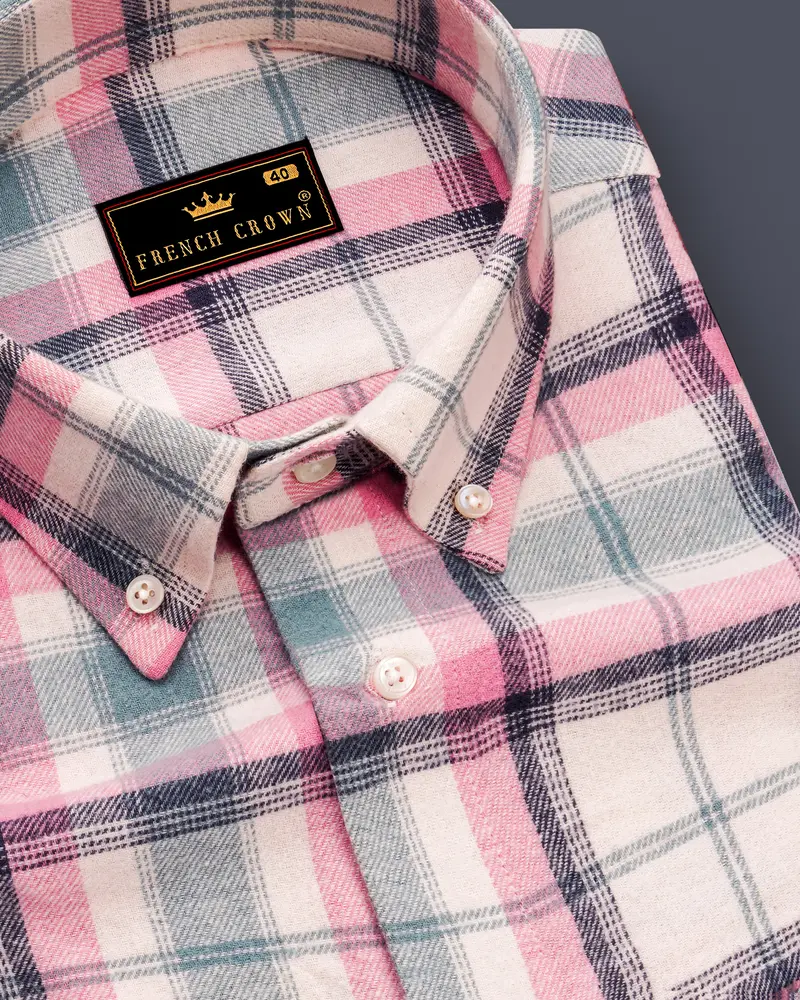 Rosavon-Thulian Pink And Vanilla Cream Plaid Heavyweight Premium Flannel Cotton Casual Shirt 1