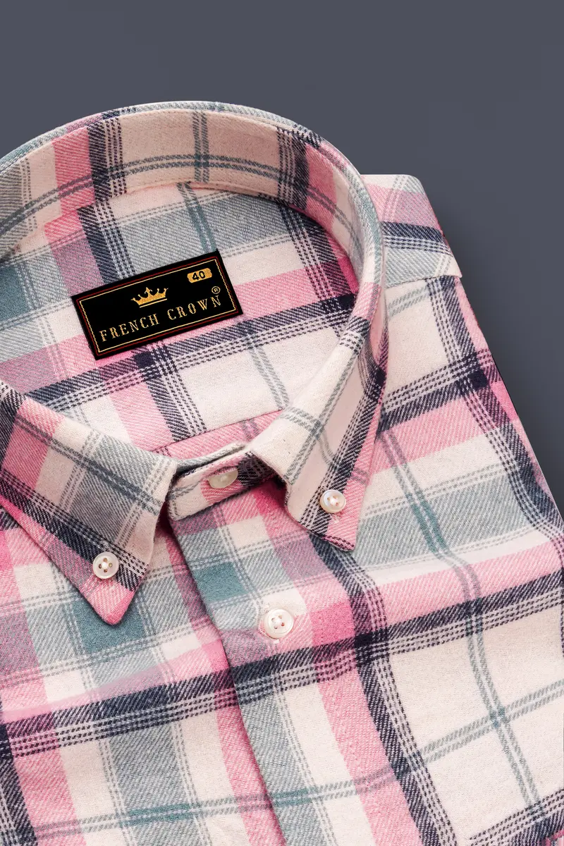 Rosavon-Thulian Pink And Vanilla Cream Plaid Heavyweight Premium Flannel Cotton Casual Shirt 2
