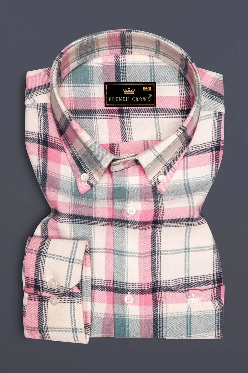 Rosavon-Thulian Pink And Vanilla Cream Plaid Heavyweight Premium Flannel Cotton Casual Shirt 4