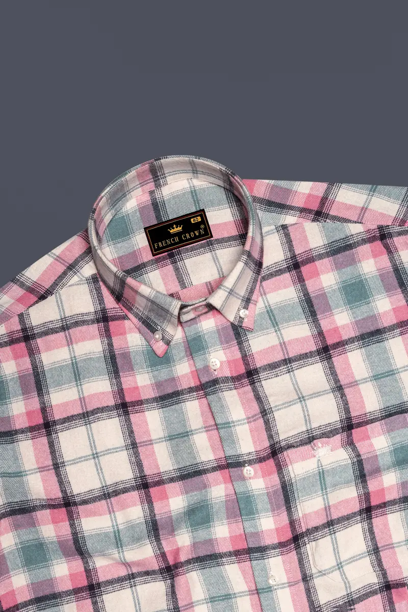 Rosavon-Thulian Pink And Vanilla Cream Plaid Heavyweight Premium Flannel Cotton Casual Shirt 5