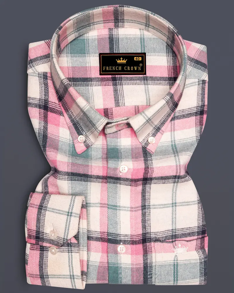 Rosavon-Thulian Pink And Vanilla Cream Plaid Heavyweight Premium Flannel Cotton Casual Shirt 6