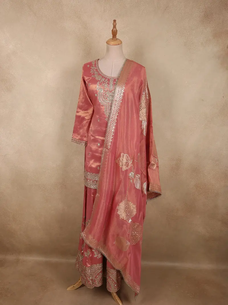 Rose Blush Pink Sequins Embroidered Design Tissue Silk Salwar Palazzo Suit With Dupatta 1