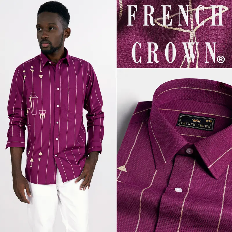 Rose Bud Maroon Striped Hand Painted Dobby Textured Premium Giza Cotton Shirt 1