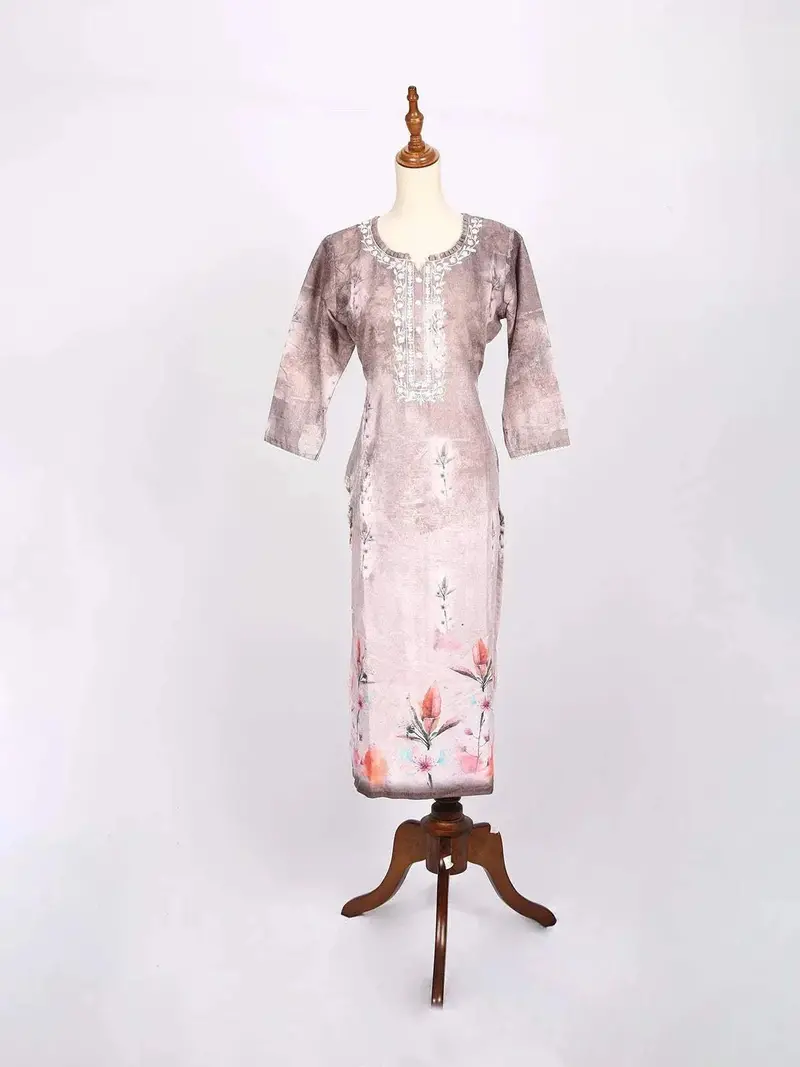 Rose Ebony Ombre Pattern Kurti Adorned With Floral Prints And Thread Work 1