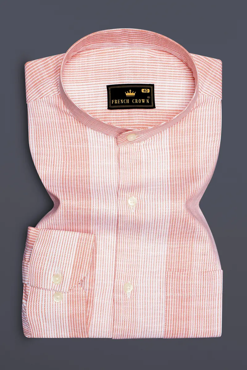 Rose-Flamingo Pink Stripes Luxurious Linen Casual Shirt 4
