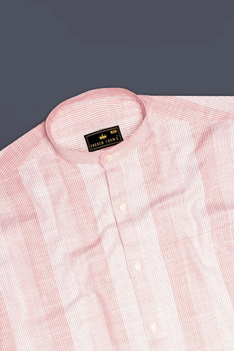 Rose-Flamingo Pink Stripes Luxurious Linen Casual Shirt 5