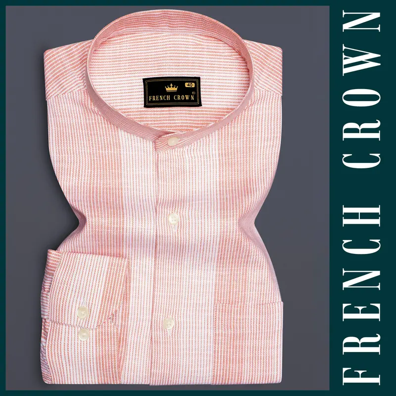 Rose-Flamingo Pink Stripes Luxurious Linen Casual Shirt 6