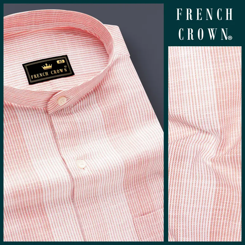Rose-Flamingo Pink Stripes Luxurious Linen Casual Shirt 8