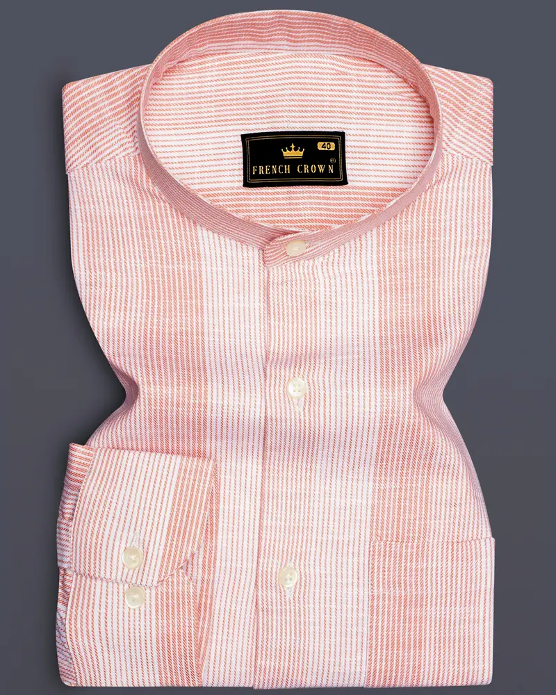 Rose-Flamingo Pink Stripes Luxurious Linen Casual Shirt 9