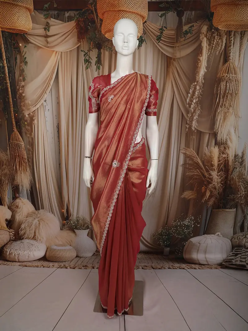 Rose Gold Floral Embroidered Design Tissue Silk Saree With Designer Border 1