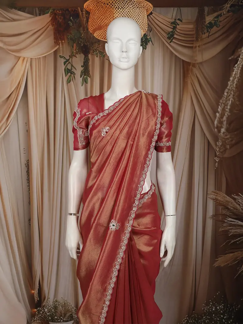 Rose Gold Floral Embroidered Design Tissue Silk Saree With Designer Border 2