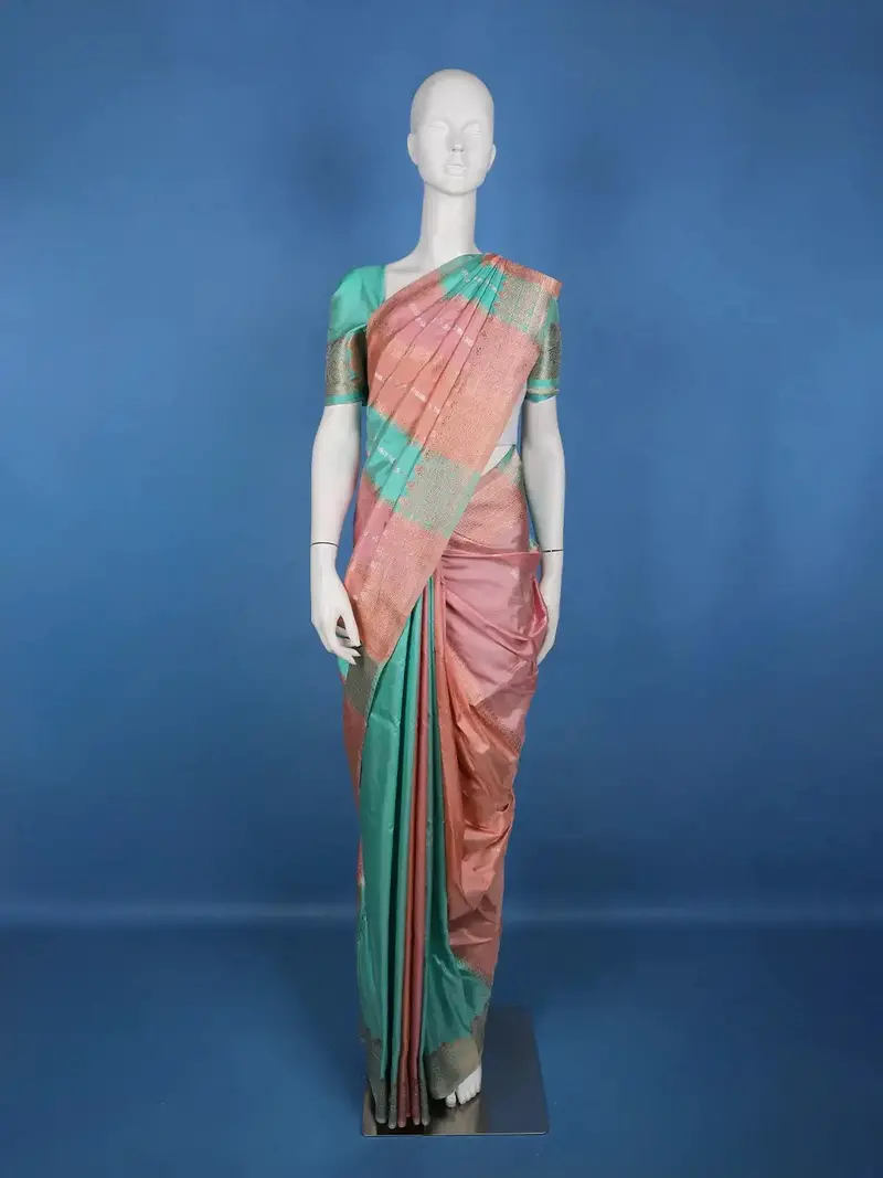 Rose Gold Pink Striped Zari Border Tissue Silk Saree 1