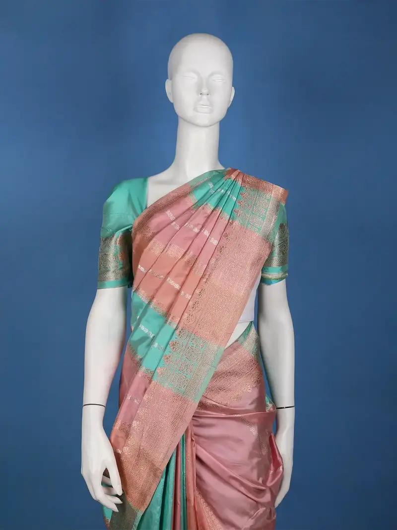 Rose Gold Pink Striped Zari Border Tissue Silk Saree 2