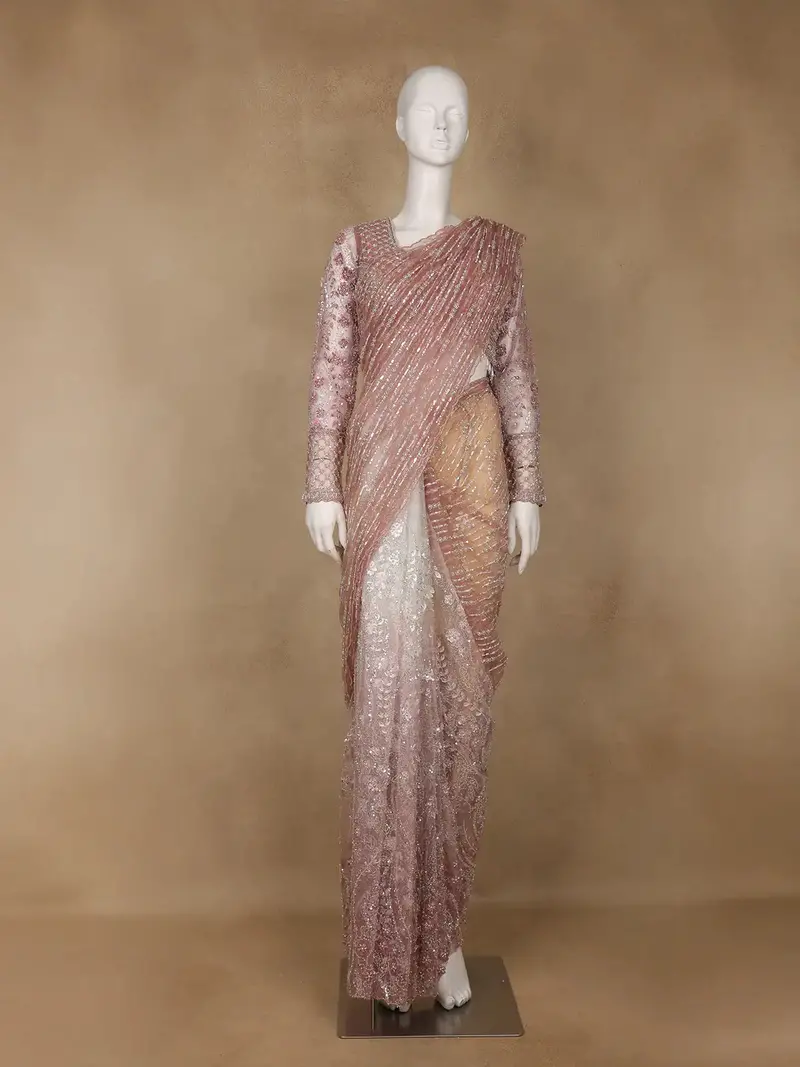 Rose Gold Sequin Floral  Designed Beaded  Net Saree 1