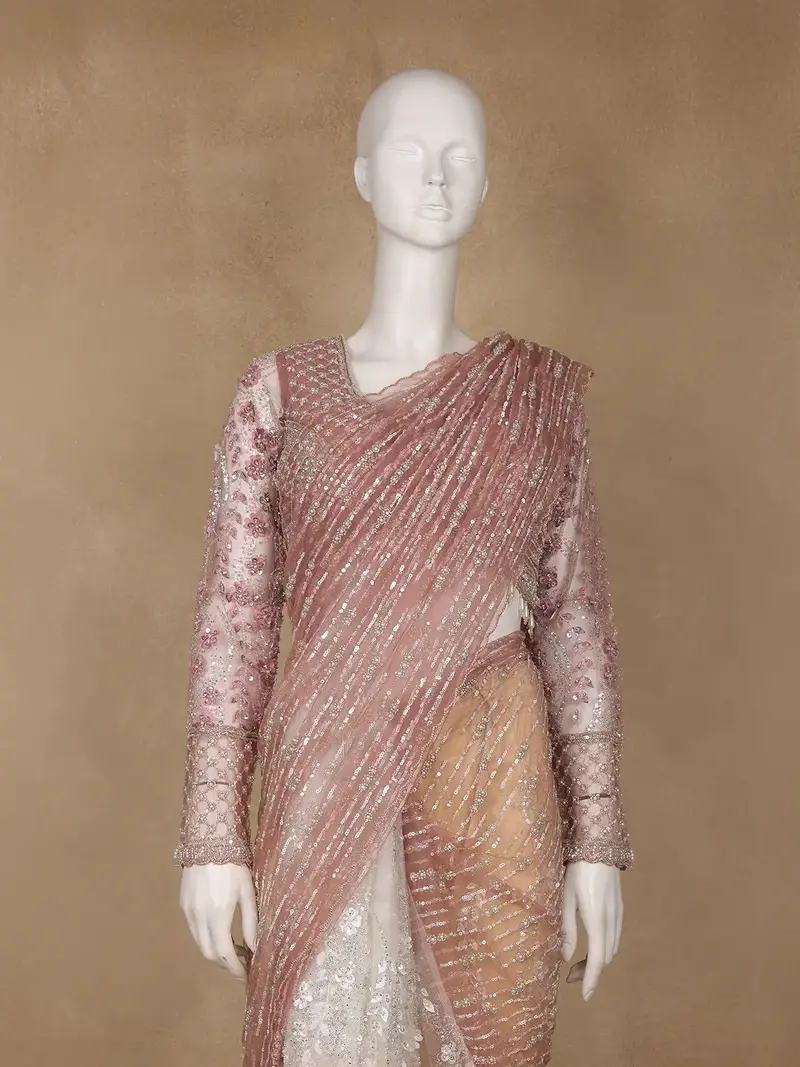 Rose Gold Sequin Floral Designed Beaded Net Saree 2