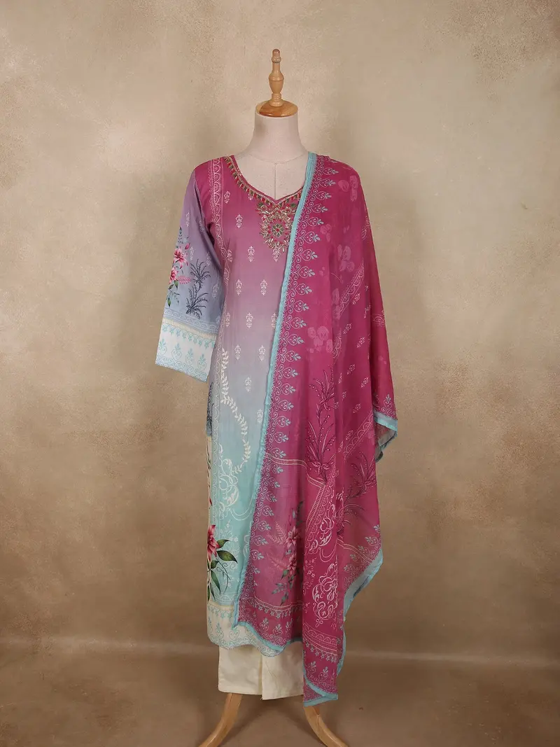 Rose Pink And Soft Aqua Blue Floral Printed Design Cotton Straight Cut Salwar Suit 1