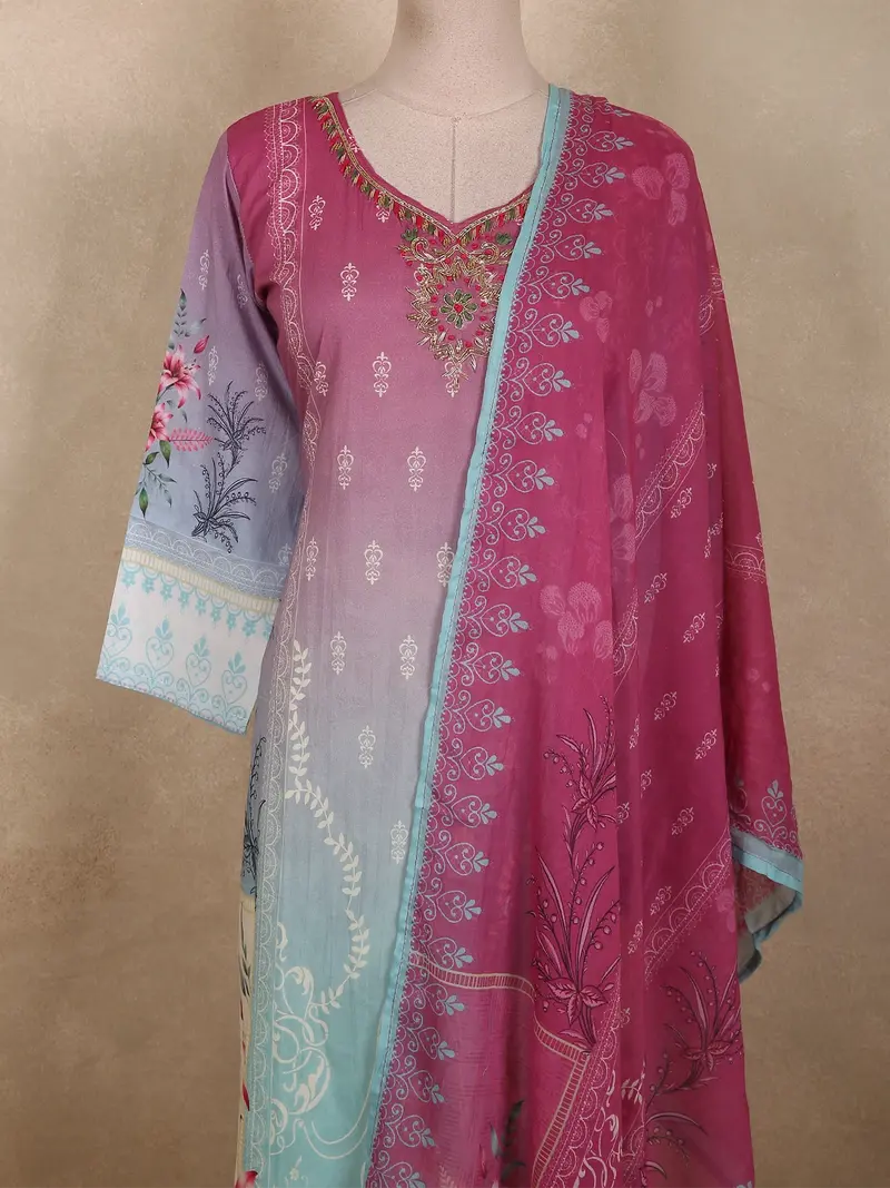 Rose Pink And Soft Aqua Blue Floral Printed Design Cotton Straight Cut Salwar Suit 2