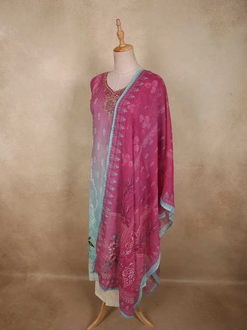 Rose Pink And Soft Aqua Blue Floral Printed Design Cotton Straight Cut Salwar Suit 3