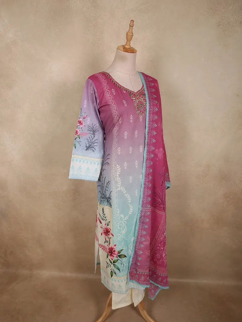 Rose Pink And Soft Aqua Blue Floral Printed Design Cotton Straight Cut Salwar Suit 4