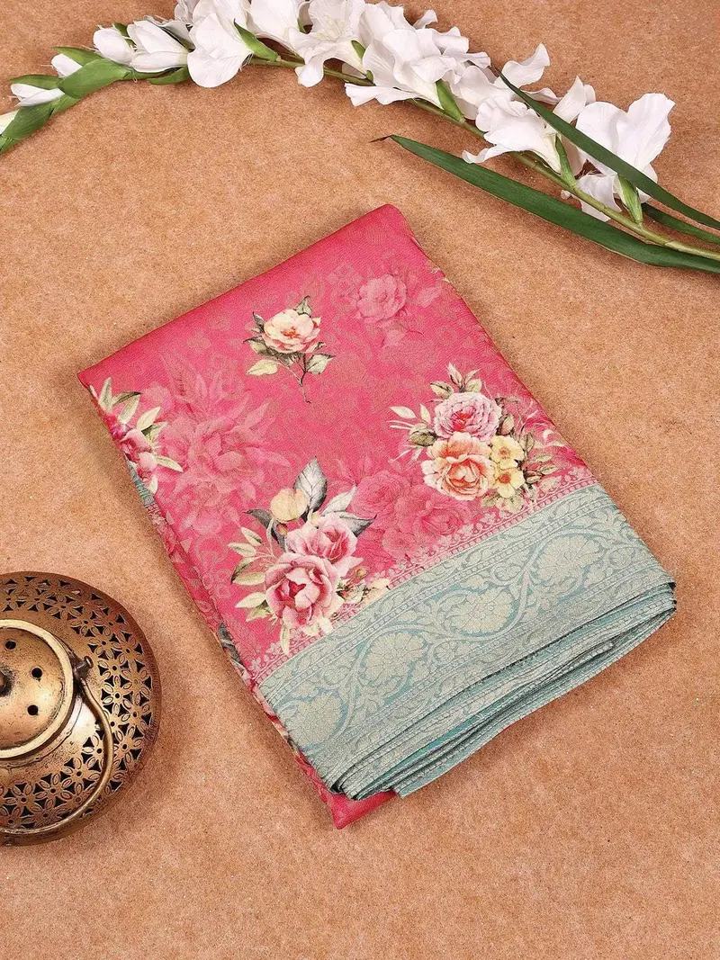 Rose Pink Banarasi Saree With Floral Design On The Body And Contrast Border 1