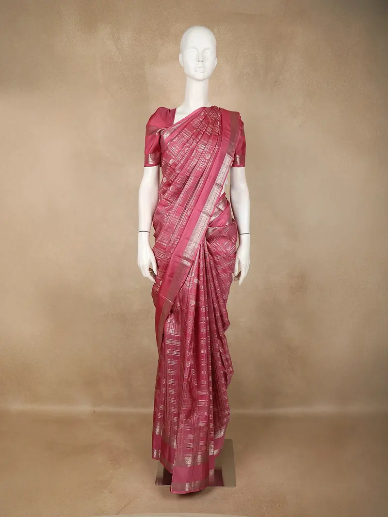 Rose Pink Checked Zari Woven Kanchipuram Silk Saree 1