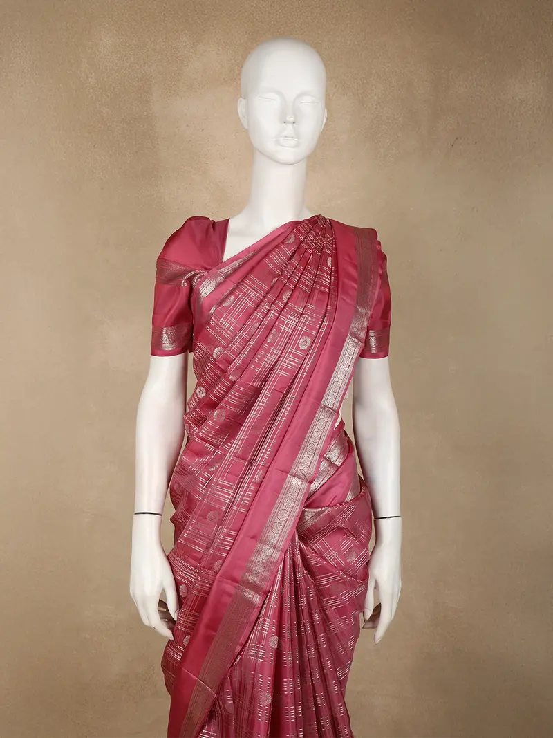 Rose Pink Checked Zari Woven Kanchipuram Silk Saree 2