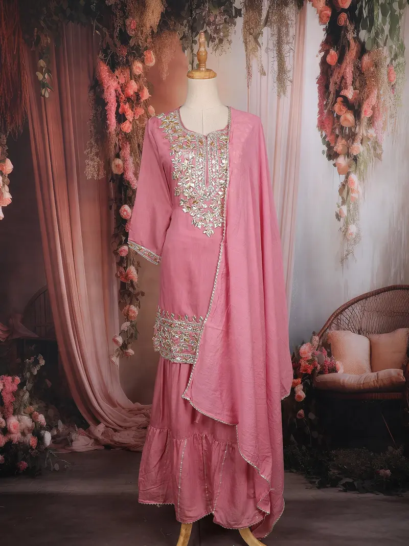 Rose Pink Embroidered Cotton Sharara Salwar Suit 1