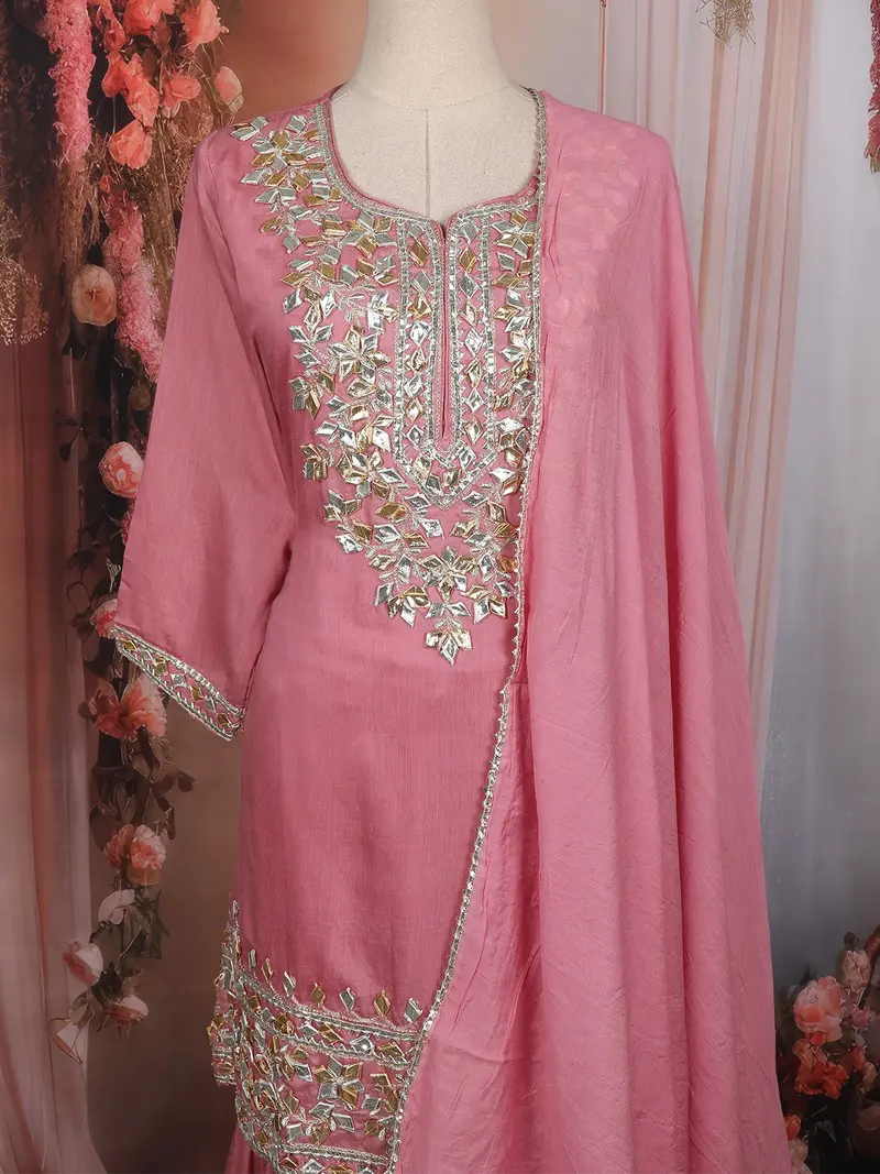 Rose Pink Embroidered Cotton Sharara Salwar Suit 2