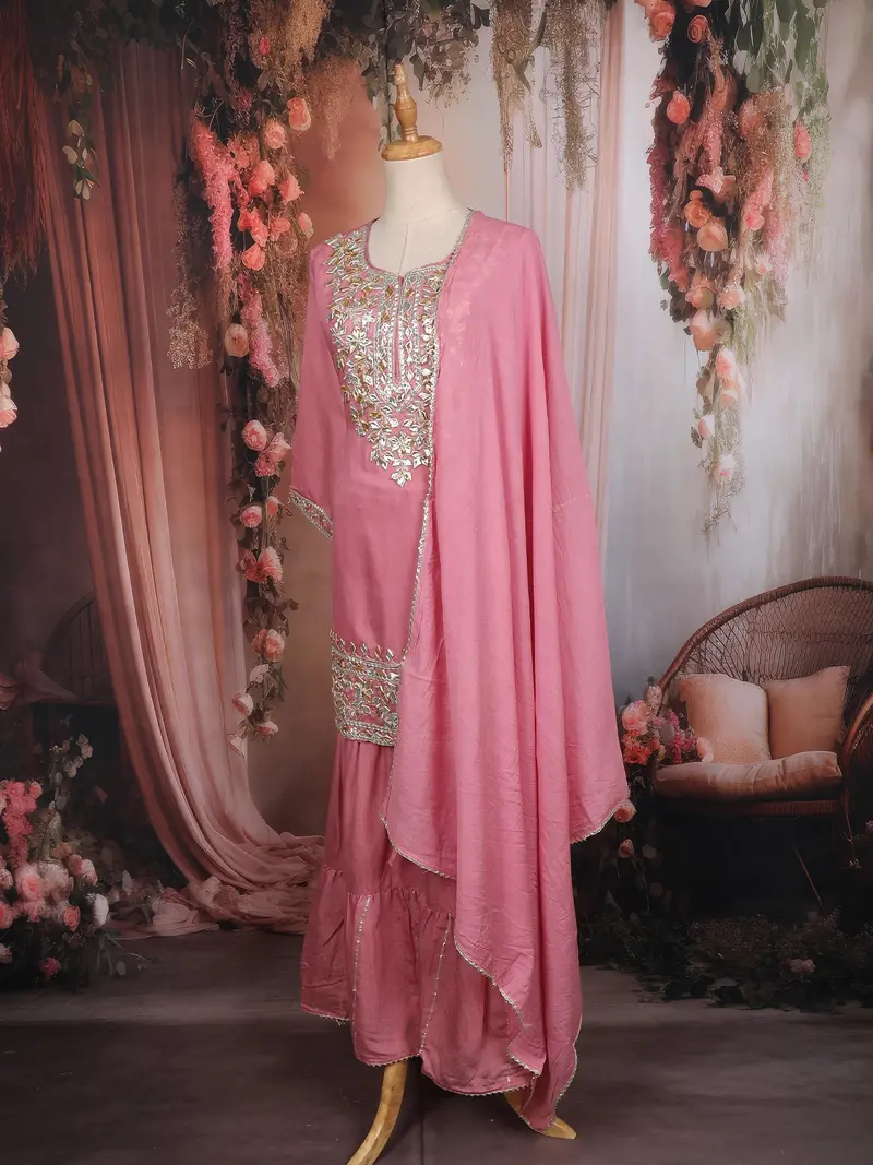 Rose Pink Embroidered Cotton Sharara Salwar Suit 3